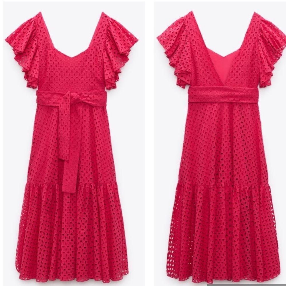 Zara Fuchsia Openwork Embroidered Midi Dress - Picture 8 of 12